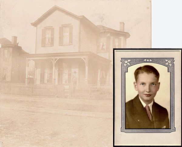 author Karen McClintock's vintage photo of her grandfather in front of his home overlaid with photo of her father as a young man